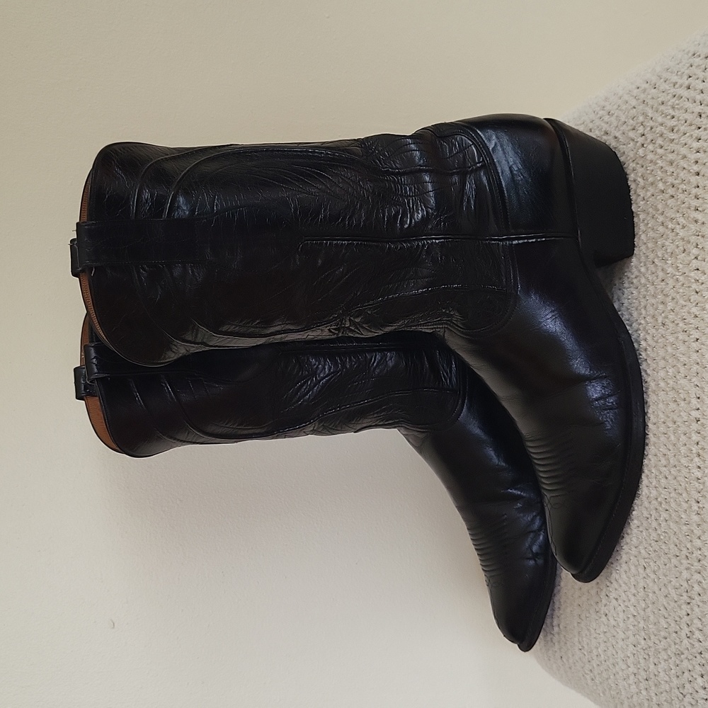 LUCCHESE GAVIN GOAT LEATHER COWBOY BOOT, BLACK, SIZE 11 D, HANDMADE IN TEXAS USA